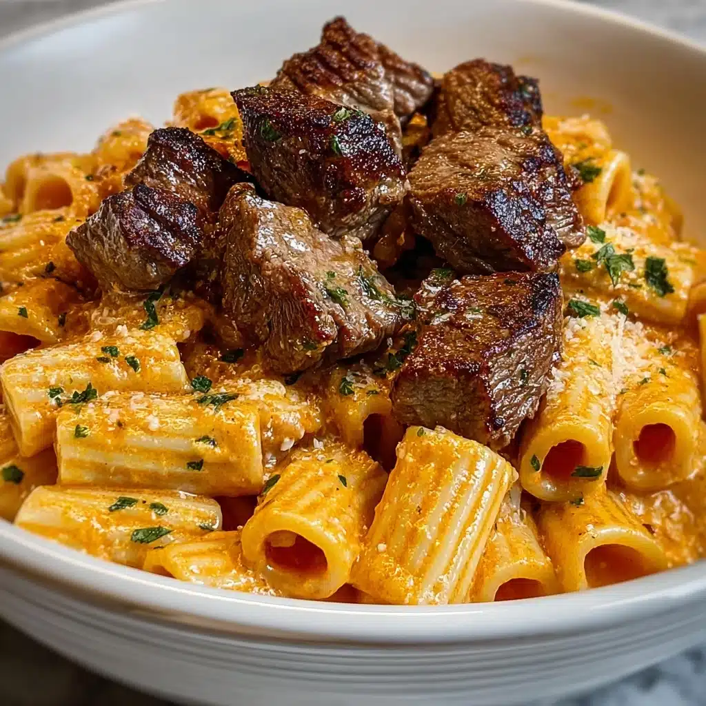 Cajun Steak Tips in Cheesy Rigatoni Parmesan Sauce Recipe - Recipe Image