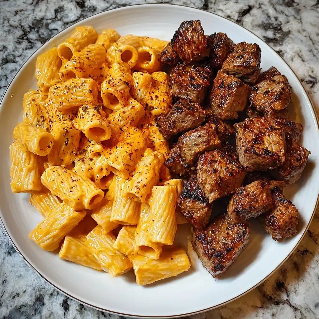 Cajun Steak Tips in Cheesy Rigatoni Parmesan Sauce Recipe - Recipe Image