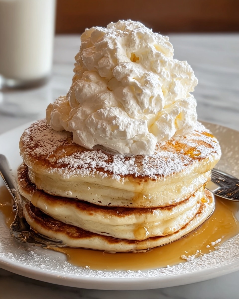 A stack of three thick, fluffy pancakes with a golden brown color sits on a white plate. The pancakes are lightly dusted with white powdered sugar and generously topped with a large, uneven scoop of creamy white whipped topping. Light amber syrup is drizzled over the whipped topping and pancakes, pooling slightly around the base on the plate. A spoon rests on the edge of the plate, and a glass of milk is visible in the background on a white marbled surface. photo taken with an iphone --ar 4:5 --v 7