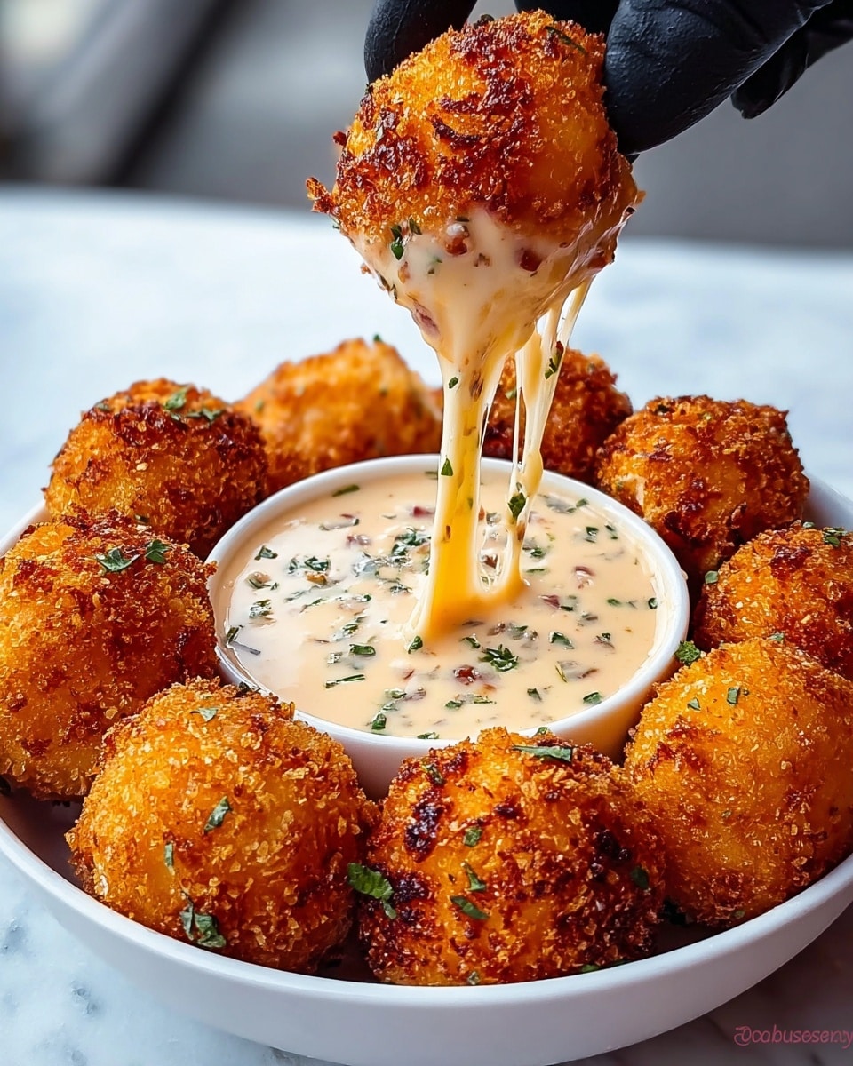 A white bowl filled with golden brown, crispy fried cheese balls arranged in a circle around a creamy dipping sauce in the middle. The sauce is thick with a light beige color, flecked with green herbs and small bits of red pepper. One cheese ball is lifted above the bowl by a woman's hand in a black glove, with melted, stretchy, gooey white cheese dripping down back into the sauce. The cheese balls have a crunchy, slightly rough texture with an inviting, warm orange hue. The scene is set on a white marbled surface. photo taken with an iphone --ar 4:5 --v 7