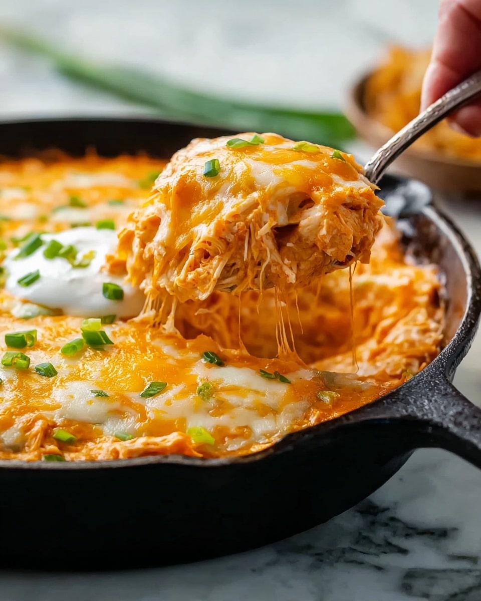 A black cast iron pan filled with a layered dish topped with melted melted orange and white cheese, garnished with small green onion pieces. The lifted scoop shows multiple layers of shredded white chicken meat and creamy orange sauce under the cheese. A woman's hand holds a spoon lifting one portion from the pan. The pan is placed on a white marbled textured surface. photo taken with an iphone --ar 4:5 --v 7