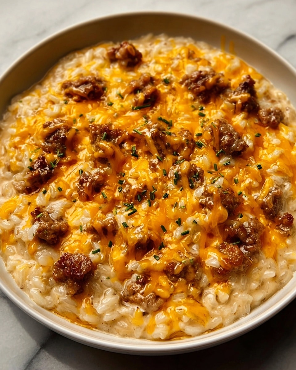 The dish is a creamy risotto served in a round white bowl placed on a white marbled surface. The risotto base fills the bowl with a smooth, light beige texture. On top, there are pieces of browned sausage scattered evenly, adding a rough, brown texture. The whole dish is covered with a melted layer of yellow and orange cheddar cheese that looks gooey and soft. Small green herbs are sprinkled lightly on the cheese, adding small dots of color. photo taken with an iphone --ar 4:5 --v 7