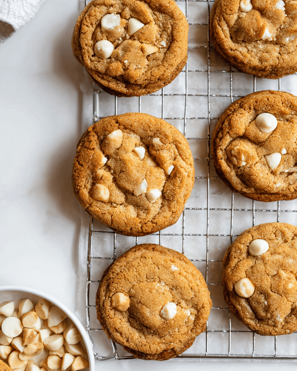 The image shows six round cookies placed on a silver wire cooling rack over a white marbled surface. The cookies are golden brown with a slightly cracked texture, each studded with several pale cream-colored chunks, evenly scattered throughout the surface. The cookies appear soft and slightly thick, with a subtle shine in some areas indicating a chewy texture. On the left edge of the image, a partial view of a white bowl filled with more cream-colored chunks is visible. The whole setting is bright and clean, highlighting the warm tones of the cookies. Photo taken with an iphone --ar 4:5 --v 7