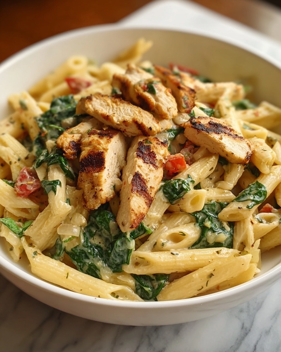 A white shallow bowl filled with creamy penne pasta mixed with green spinach leaves and small bits of red tomato, topped with several pieces of grilled chicken breast strips that have a light golden-brown sear, the pasta looks soft and coated in a light sauce with visible specks of herbs, all resting on a white marbled background, photo taken with an iphone --ar 4:5 --v 7