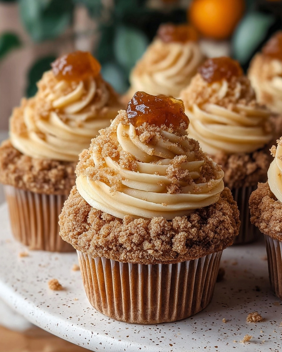 The image shows a close-up of several cupcakes arranged on a round white ceramic plate with a speckled pattern, placed on a white marbled surface. Each cupcake has a golden brown base wrapped in a ridged paper liner. Around the top edge of the cupcake base is a thick layer of crumbly brown streusel topping. Above this is a tall swirl of creamy light beige frosting with a smooth, soft texture, rising about three layers high. At the top center of the frosting swirl sits a dollop of shiny, amber-colored fruit jam, crowned with more crumbly streusel sprinkled over and around it. The background is softly blurred with hints of greenery and soft orange, adding depth to the composition. Photo taken with an iphone --ar 4:5 --v 7