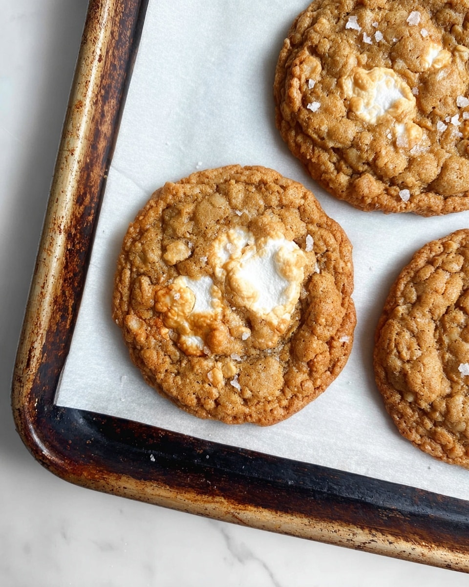 The image shows two round oatmeal cookies with a rough, slightly uneven texture, placed on a baking sheet lined with white parchment paper. Each cookie has a golden-brown color and visible flakes of sea salt on top, along with melted white marshmallow pieces that add a soft and gooey texture in the center. The baking sheet has a dark, well-used metal frame with visible worn edges, and it rests on a background with a white marbled texture. photo taken with an iphone --ar 4:5 --v 7