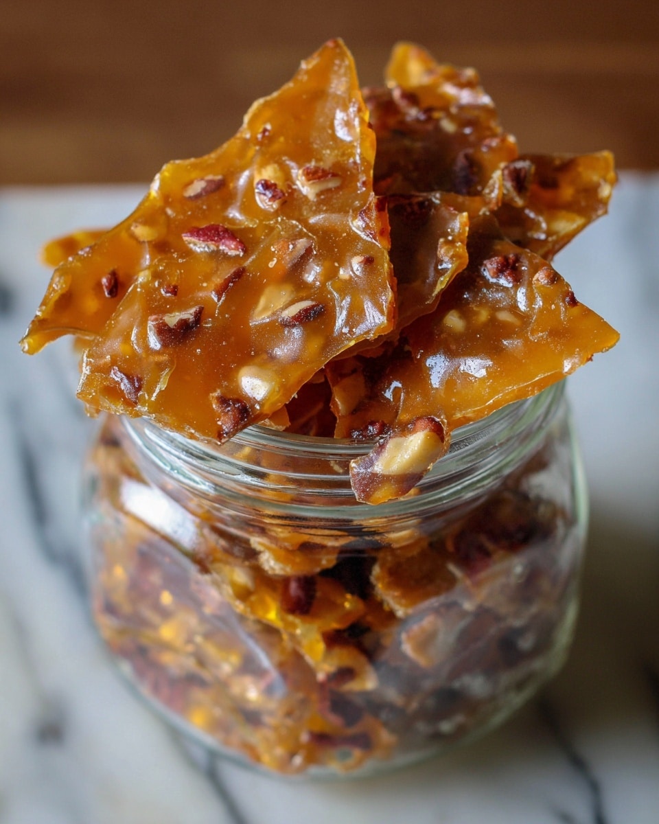 A close-up view of a clear glass jar filled with thin, irregular pieces of amber-colored brittle candy that have small bits of nuts and reddish-brown pieces embedded throughout. The brittle has a shiny, smooth, and slightly translucent texture, with some sharp edges and occasional rough patches where the nuts are visible. The jar is placed on a white marbled surface, and the background is softly blurred to keep focus on the candy pieces protruding from the top of the jar. photo taken with an iphone --ar 4:5 --v 7