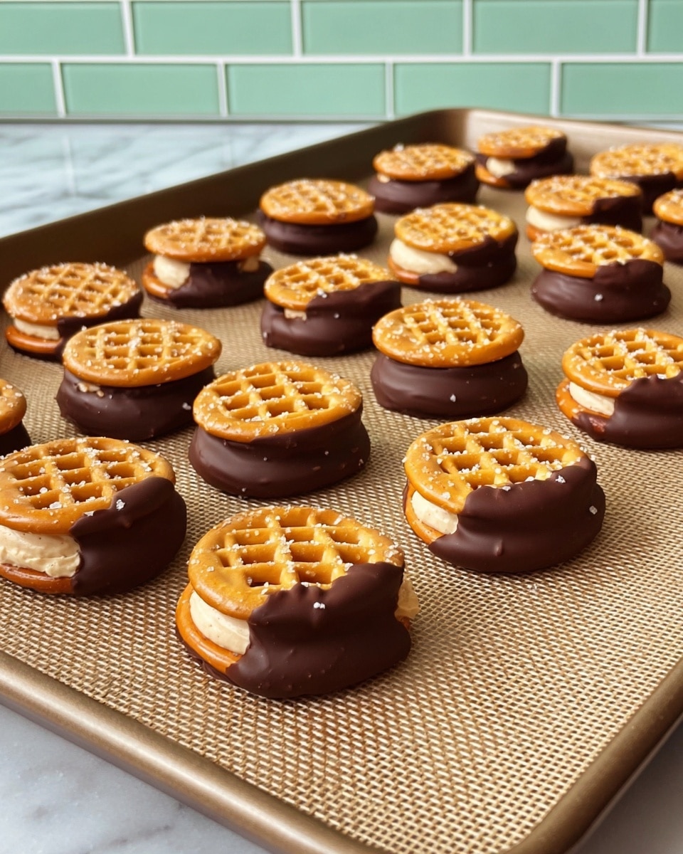 The image shows many small sandwich treats arranged in neat rows on a baking tray lined with a beige silicone mat. Each treat has three layers: the bottom layer is a round, golden-brown pretzel with a lattice pattern and visible salt crystals, the middle layer is a thick, light beige filling with a smooth texture, and the top layer is another pretzel identical to the bottom. About half of the treats are dipped halfway in rich, dark chocolate, covering one side of both the top pretzel and the filling, creating a smooth contrast between the shiny chocolate and the matte pretzel surface. The baking tray sits on a white marbled texture surface with a light green brick wall in the background. photo taken with an iphone --ar 4:5 --v 7