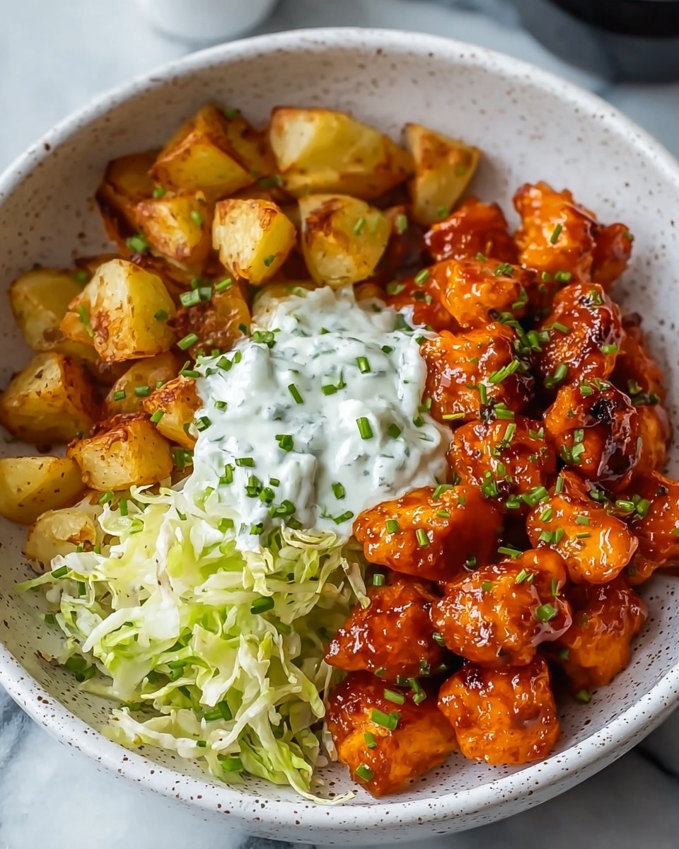 A white speckled bowl holds a three-part dish arranged in sections. One section is filled with small, golden brown roasted potato pieces with a crispy texture. Next to it, there is a portion of shredded light green cabbage. The main part of the bowl contains bright orange glazed chicken bites with a shiny, sticky surface, garnished with small green herb pieces. In the center, over the potatoes and chicken, there is a dollop of white sauce with green herb bits mixed in. The bowl is placed on a white marbled surface. photo taken with an iphone --ar 4:5 --v 7