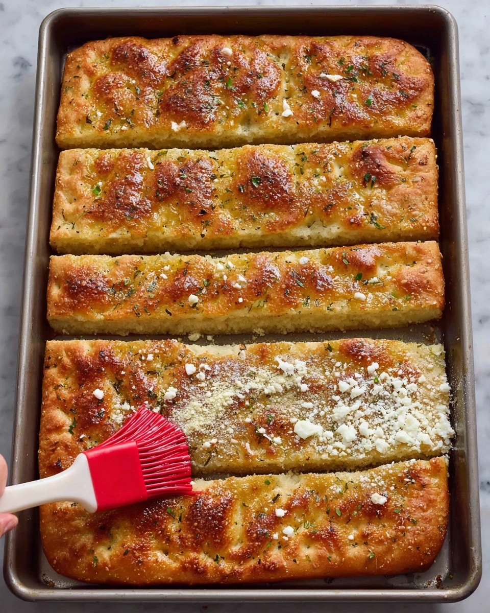A rectangular metal baking tray holds golden brown focaccia cut into eight thick rectangular pieces arranged in two rows of four. The top layer is a crispy, bubbly bread crust with a light sprinkling of herbs, showing a rough texture with small browned spots. In the first image, a woman's hand is brushing the crust with shiny olive oil using a red silicone brush with a white handle. In the second image, crumbled white cheese is being sprinkled evenly over the bread, contrasting against the warm, golden surface. The background is a white marbled texture. photo taken with an iphone --ar 4:5 --v 7