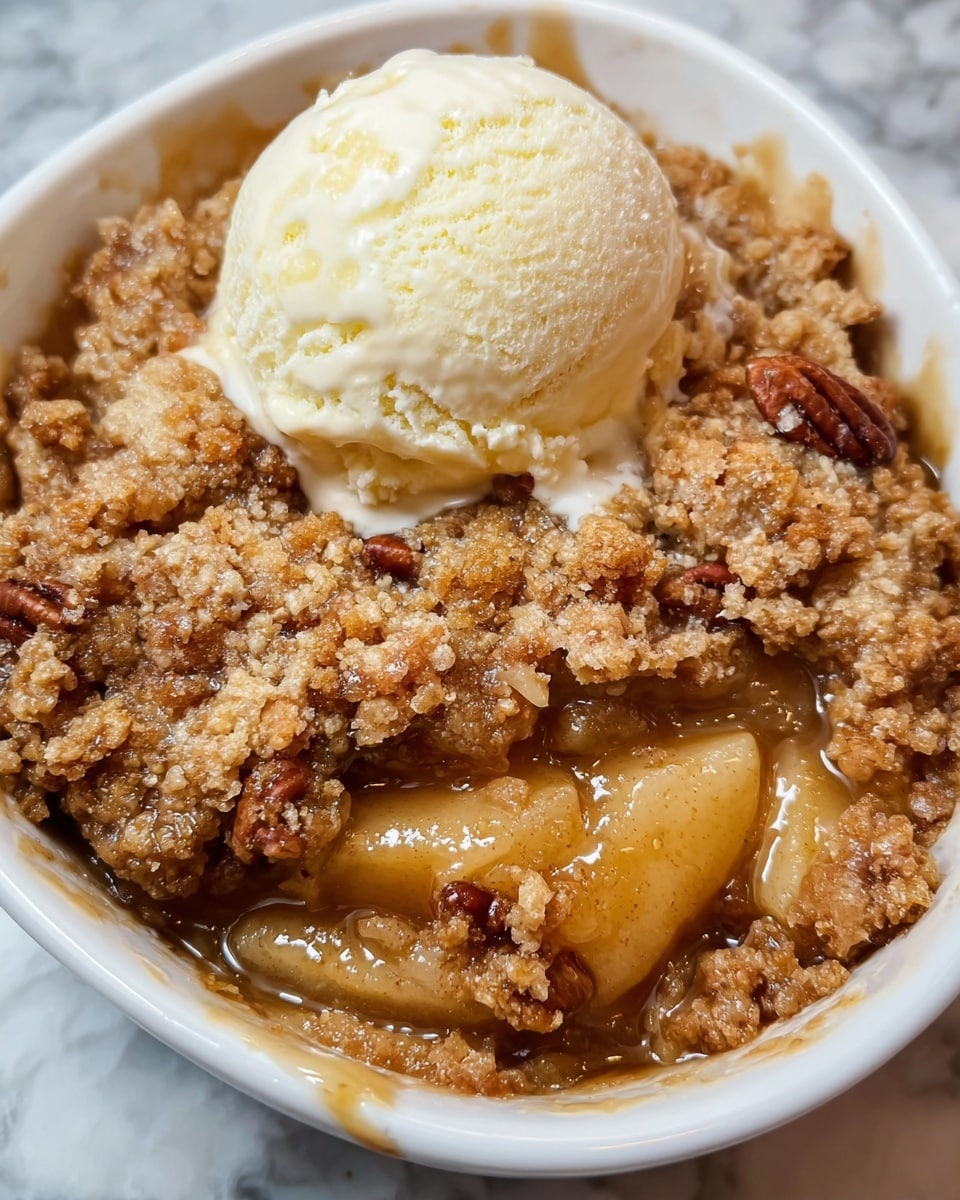 A close-up view of a dessert in a white bowl featuring three layers: the bottom layer is a thick, glossy, golden-brown apple filling with soft, cooked apple chunks visible; the middle layer is a crumbly, golden-brown streusel topping mixed with toasted pecans scattered unevenly on top, creating a rough and crunchy texture; the top layer shows a single smooth scoop of melting vanilla ice cream with a pale cream color, glistening slightly and resting in the center on the streusel. The dessert is placed on a white marbled surface. photo taken with an iphone --ar 4:5 --v 7