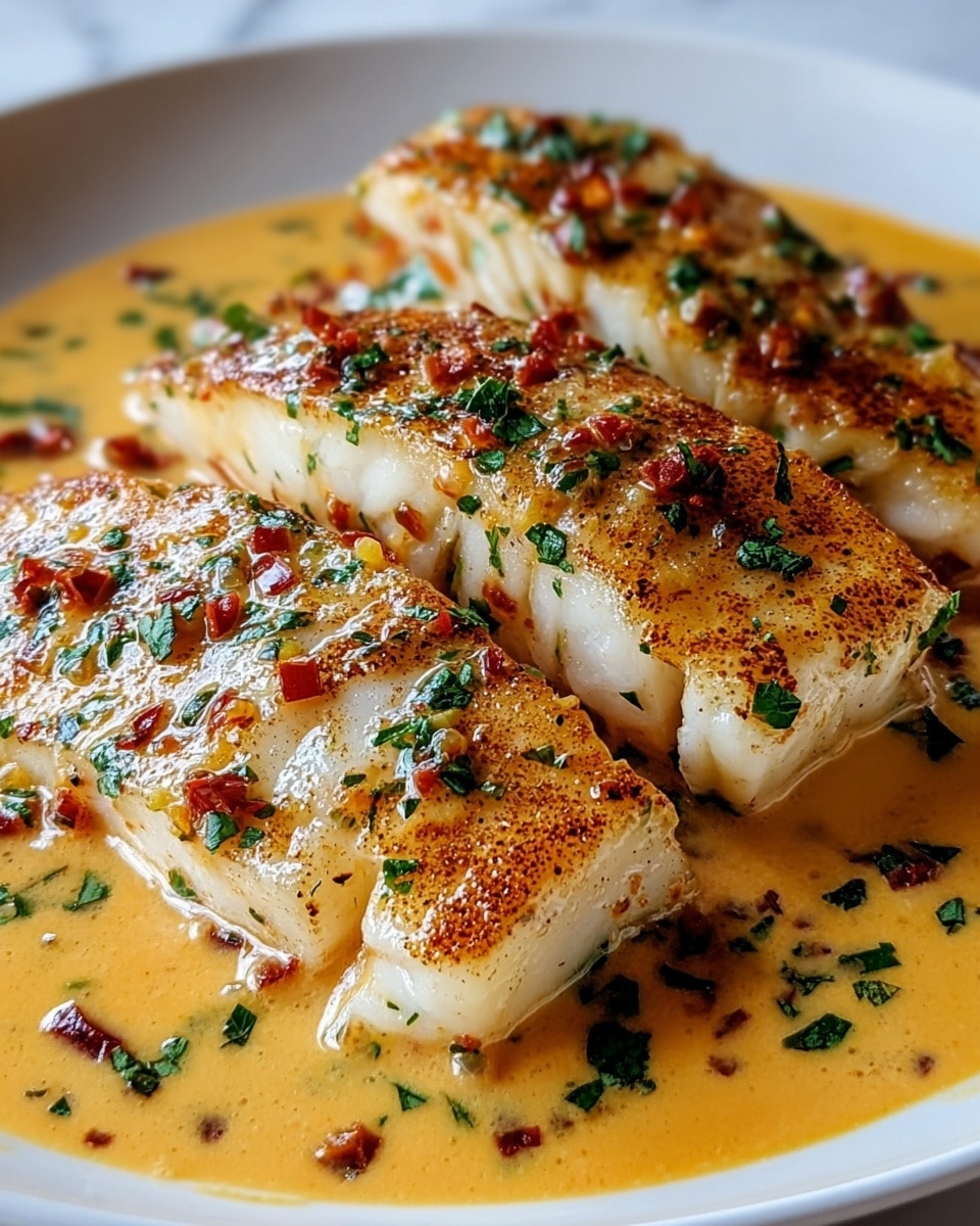 Three grilled fish fillets with a golden brown crust cover the white plate, each fillet showing tender, flaky white fish inside. The fillets are topped with small bits of red seasoning and fresh green herbs, scattered evenly across the surface. A rich, creamy orange sauce with visible bits of finely chopped ingredients pools around and slightly over the fish, creating a glossy finish. The plate is set on a white marbled texture. Photo taken with an iphone --ar 4:5 --v 7