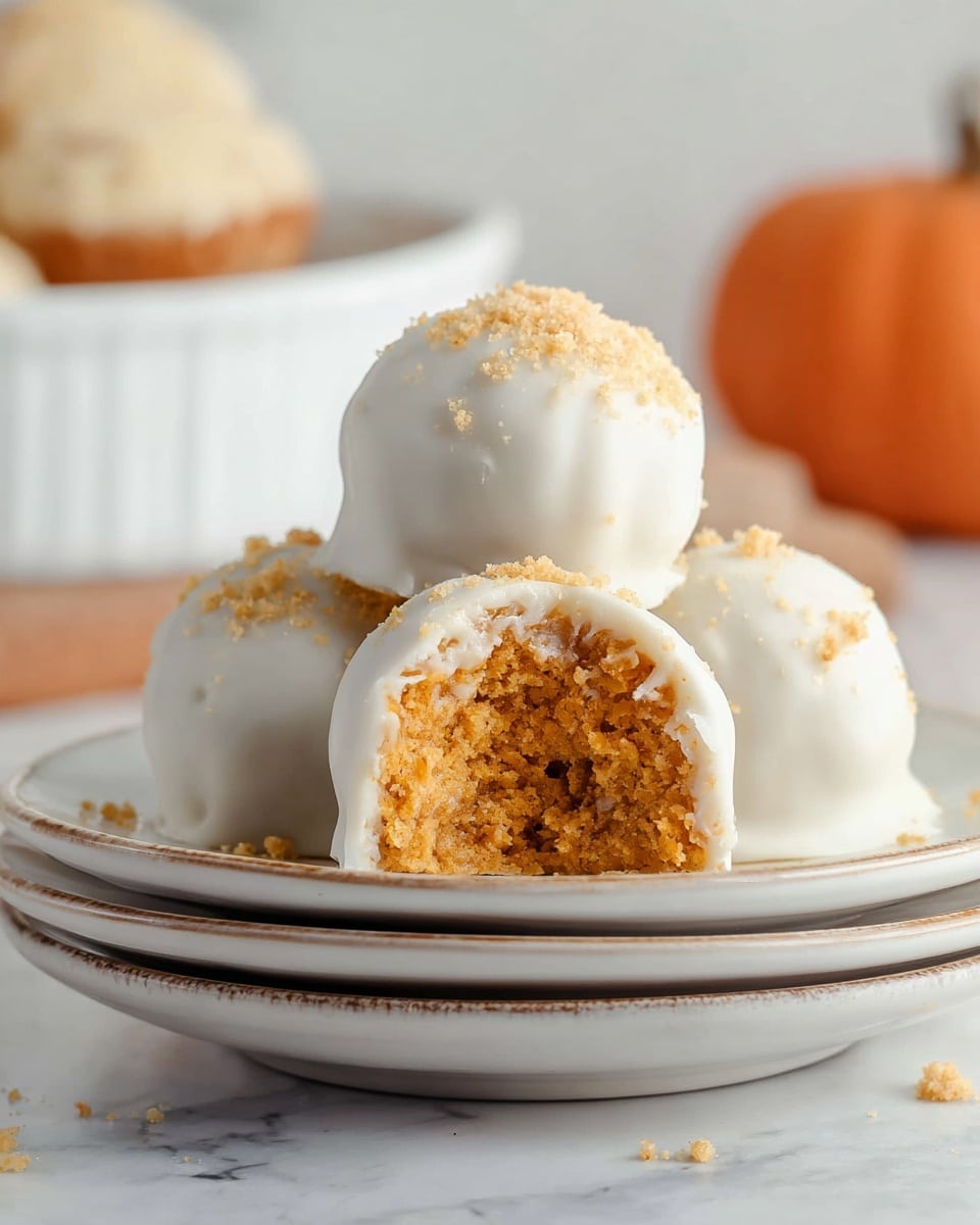 Three round pumpkin truffles are shown on a stack of white plates. Each truffle has two layers: an outer white chocolate coating that is smooth and slightly shiny with tiny crumb sprinkles on top, and an inner orange pumpkin filling with a rough texture, visible in the cut truffle held above the others. The background has a soft focus with white marbled texture and pale orange pumpkins. The photo is taken with an iphone --ar 4:5 --v 7