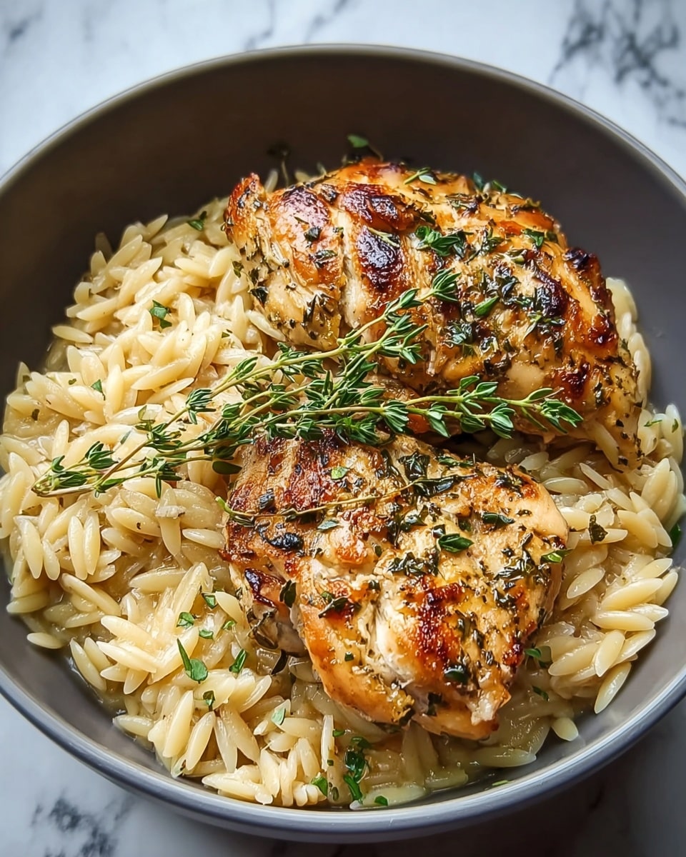 A single white bowl filled with a base layer of shiny, cooked orzo pasta in a light golden color, some pieces showing slight translucency and moisture. On top, two pieces of grilled chicken with golden-brown, crispy skin featuring visible herb seasoning and hints of charring. Fresh green thyme sprigs rest on the chicken, adding texture and color contrast. The bowl is set on a surface with a white marbled texture. photo taken with an iphone --ar 4:5 --v 7