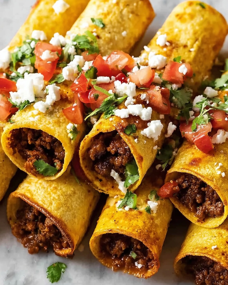 This image shows several rolled tortillas filled with cooked ground meat placed closely together. Each tortilla is golden-yellow with a slightly crispy texture, and the meat inside is dark brown and crumbly. On top of the tortillas, there are small chunks of red tomatoes, white crumbled cheese, and green cilantro leaves scattered evenly, adding color contrast. The tortillas are set on a white marbled surface that highlights the warm colors of the dish. photo taken with an iphone --ar 4:5 --v 7