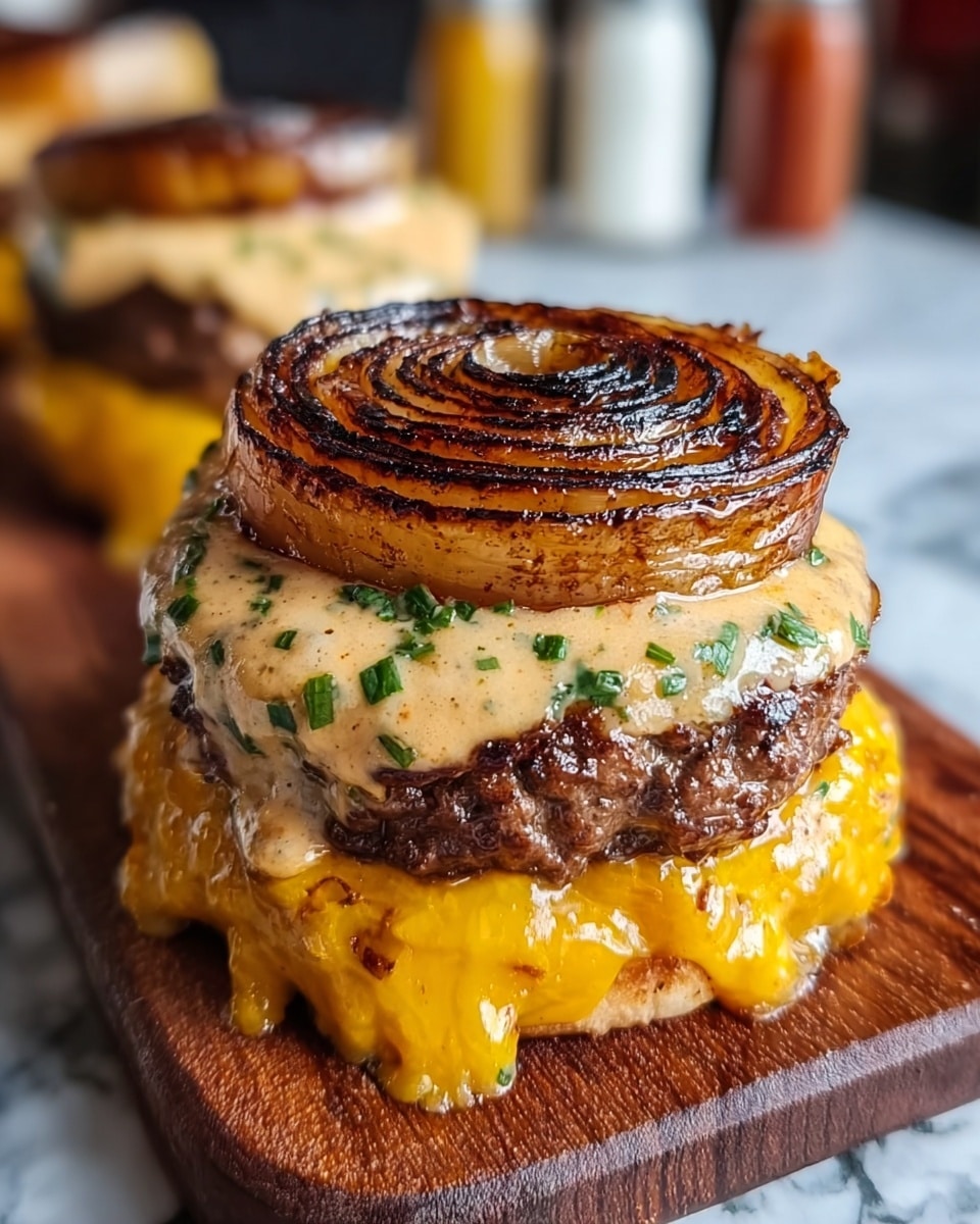 A close-up view of a layered burger without a bun, placed on a wooden board. The bottom layer is melted bright orange cheddar cheese, dripping slightly over the edges. Above that is a dark brown, juicy beef patty with a crispy crust. On top of the patty is a thick layer of melted cheddar cheese, bright yellow and gooey. Above the cheese sits a creamy sauce speckled with green herbs, thick and textured. The top layer is a large grilled onion slice with dark char marks forming a spiral pattern on its shiny golden-brown surface. In the blurred background, another similar burger and some condiments are visible, all set on a white marbled texture. photo taken with an iphone --ar 4:5 --v 7