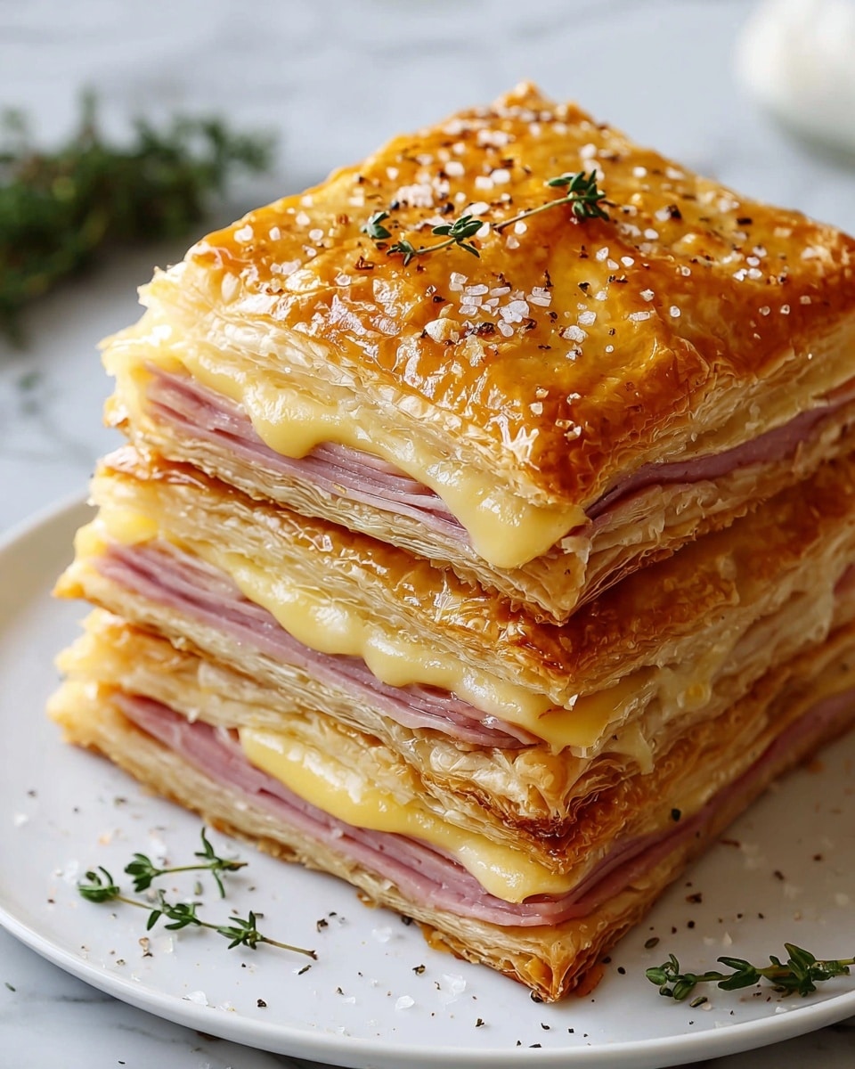 A stack of four layers of golden brown puff pastry with a shiny, slightly crisp top sprinkled with coarse salt and black pepper, garnished with small green thyme sprigs. Between each pastry layer, there are alternating layers of light pink sliced ham and melted creamy yellow cheese that is oozing slightly. The stack sits on a white plate, placed on a white marbled surface with a few thyme sprigs and scattered salt grains around it. Photo taken with an iphone --ar 4:5 --v 7