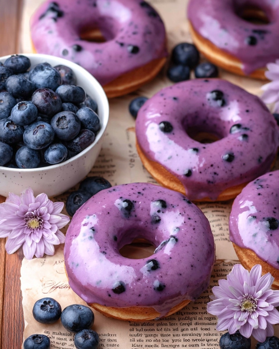 The image shows several donuts with a thick layer of shiny purple glaze that has small dark berry spots, giving a smooth and slightly glossy texture on top of each donut. The donuts sit on a piece of old book paper that is placed on a wooden surface, with a white bowl full of fresh blueberries at the bottom left. Around the donuts and bowl, there are scattered whole blueberries and two light purple flowers adding a soft touch. The donuts have a golden-brown base visible at the edges under the purple glaze. The overall scene is bright and colorful with a focus on the purple and blue tones. Photo taken with an iphone --ar 4:5 --v 7