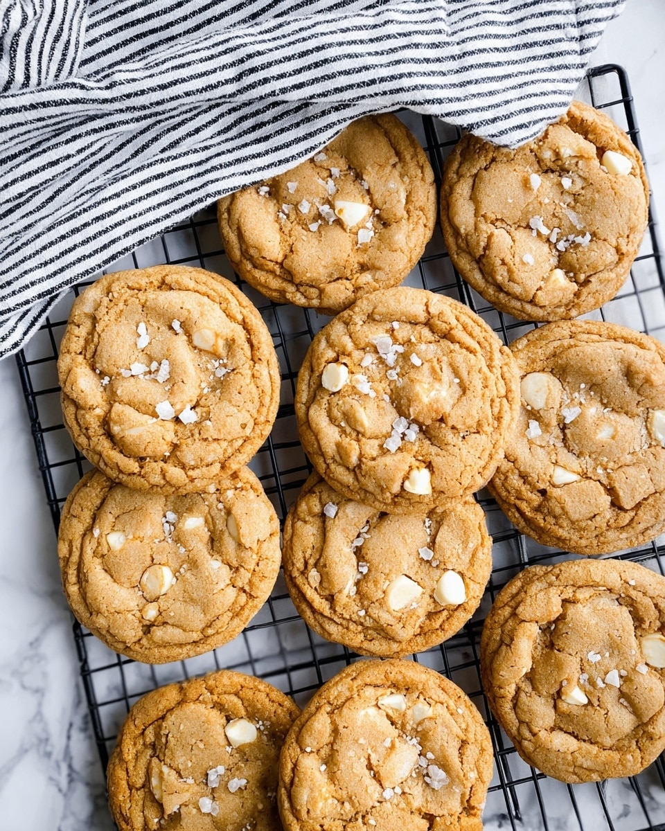 A group of eleven golden brown cookies with white chocolate chips scattered throughout rests on a black cooling rack over a white marbled surface. Each cookie has a slightly cracked texture with some edges crispier and a light sprinkle of coarse salt on top. Part of a striped black and white cloth is draped casually over the top of the cookies. The cookies are thick and round, showing some variation in size but mostly uniform with an inviting homemade look. Photo taken with an iphone --ar 4:5 --v 7