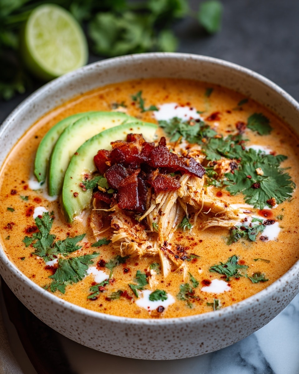 A white speckled bowl filled with creamy orange soup, showing shredded chicken in the center topped with crispy reddish-brown bacon pieces. Three slices of light green avocado rest on one side, and fresh dark green cilantro leaves are scattered over the top along with small white cream drizzles and red spices. A lime half blurred in the background sits on a white marbled surface with a hint of greenery nearby. photo taken with an iphone --ar 4:5 --v 7