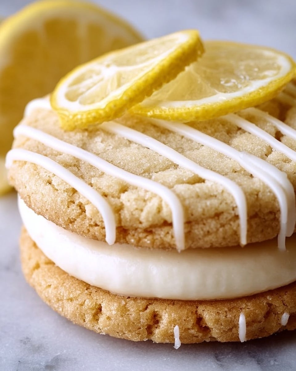 A close-up of a lemon cookie sandwich showing two soft, light golden cookie layers with a textured surface and neat white icing lines drizzled on top. Between the cookies is a thick, smooth white cream layer that looks fluffy. On the top cookie sits a fresh lemon slice with a bright yellow rind and juicy segments. The cookie is on a metal rack with a white marbled texture underneath, and part of a lemon slice can be seen at the bottom right corner of the image. Photo taken with an iphone --ar 4:5 --v 7