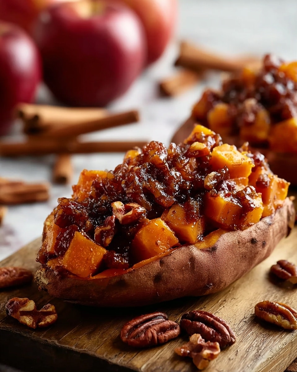 The image shows a baked sweet potato cut in half, with its skin a rough orange-brown color, filled with a chunky mix of diced yellow-orange sweet potato and dark brown sticky sauce. The topping is glossy and thick, with small pieces of pecans adding texture. The sweet potato rests on a wooden board scattered with whole pecans and cinnamon sticks. The background has blurry red apples and more cinnamon sticks, all placed on a white marbled surface. photo taken with an iphone --ar 4:5 --v 7