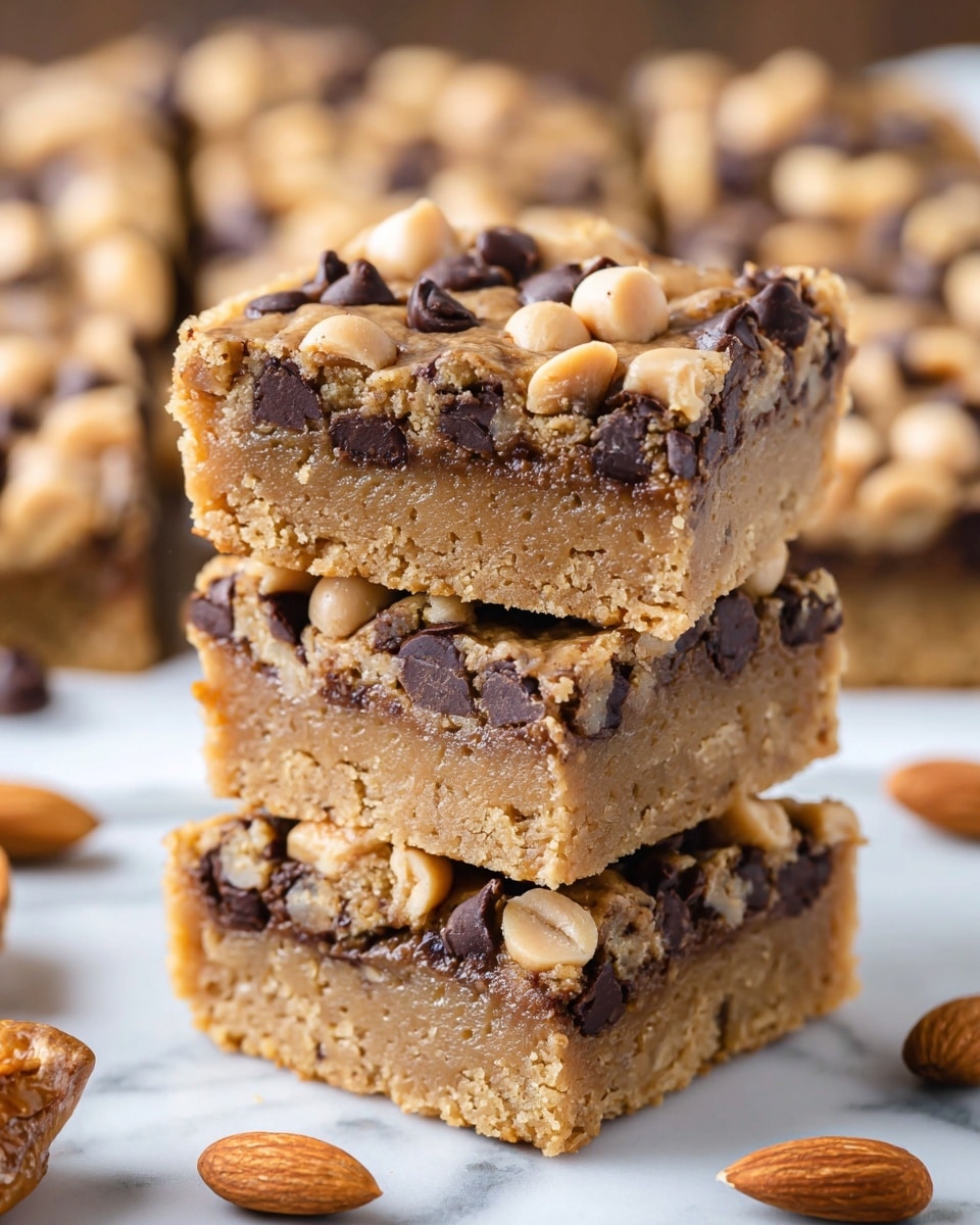 The image shows a stack of three square dessert bars with several more in the background on a white marbled surface. Each bar has two visible layers: a thick, light brown, crumbly bottom layer and a thinner top layer filled with dark chocolate chips and light-colored peanut halves scattered evenly across the surface. The texture of the bars is slightly crumbly and dense, and the chocolate chips contrast well with the golden-brown peanut topping. Almonds and peanuts lie around the bars, adding to the visual appeal. Photo taken with an iphone --ar 4:5 --v 7