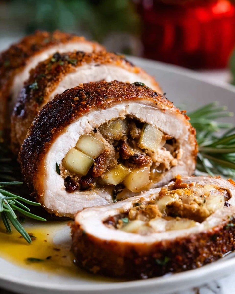 A rolled meat dish sliced to show three layers: the outer dark brown crispy crust with a seasoned texture, a thick middle layer of moist, light pink cooked meat, and an inner filling with mixed chunky pieces of pale cooked apples, onions, and small dark bits likely nuts or herbs. The slices are arranged on a white plate with fresh green herbs underneath, and a sauce with oil and small bits is pooled beside the slices. The background is a white marbled surface, slightly blurred, with a red object and greenery visible in the distance. Photo taken with an iphone --ar 4:5 --v 7