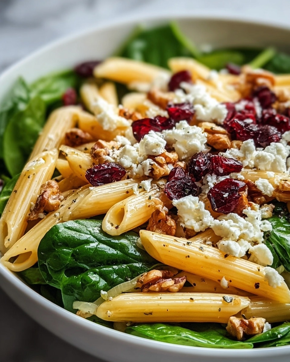 A close-up image of a white bowl filled with a three-layer pasta salad; the base layer is fresh dark green spinach leaves, the middle layer is cooked light yellow penne pasta pieces scattered evenly, and the top layer consists of small white crumbles of cheese, bright red dried cranberries, and rough light brown walnut chunks mixed throughout. The pasta has a slight sheen, and the whole dish is lightly sprinkled with coarse black pepper. The bowl sits on a white marbled surface. photo taken with an iphone --ar 4:5 --v 7