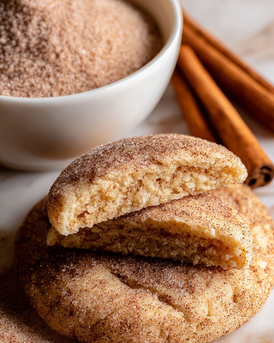 The image shows a close-up of soft-looking cookies covered in a layer of fine cinnamon sugar crystals, giving them a slightly rough texture on top with a light brown color. Two cookie halves are stacked on the top center, showing a crumbly but moist inside with a golden beige shade and tiny specks of cinnamon throughout. Behind the cookies, there is a white bowl filled with cinnamon sugar, softly blurred with two cinnamon sticks lying next to it. The entire scene is set on a white marbled surface that highlights the warm tones of the cookies. photo taken with an iphone --ar 4:5 --v 7