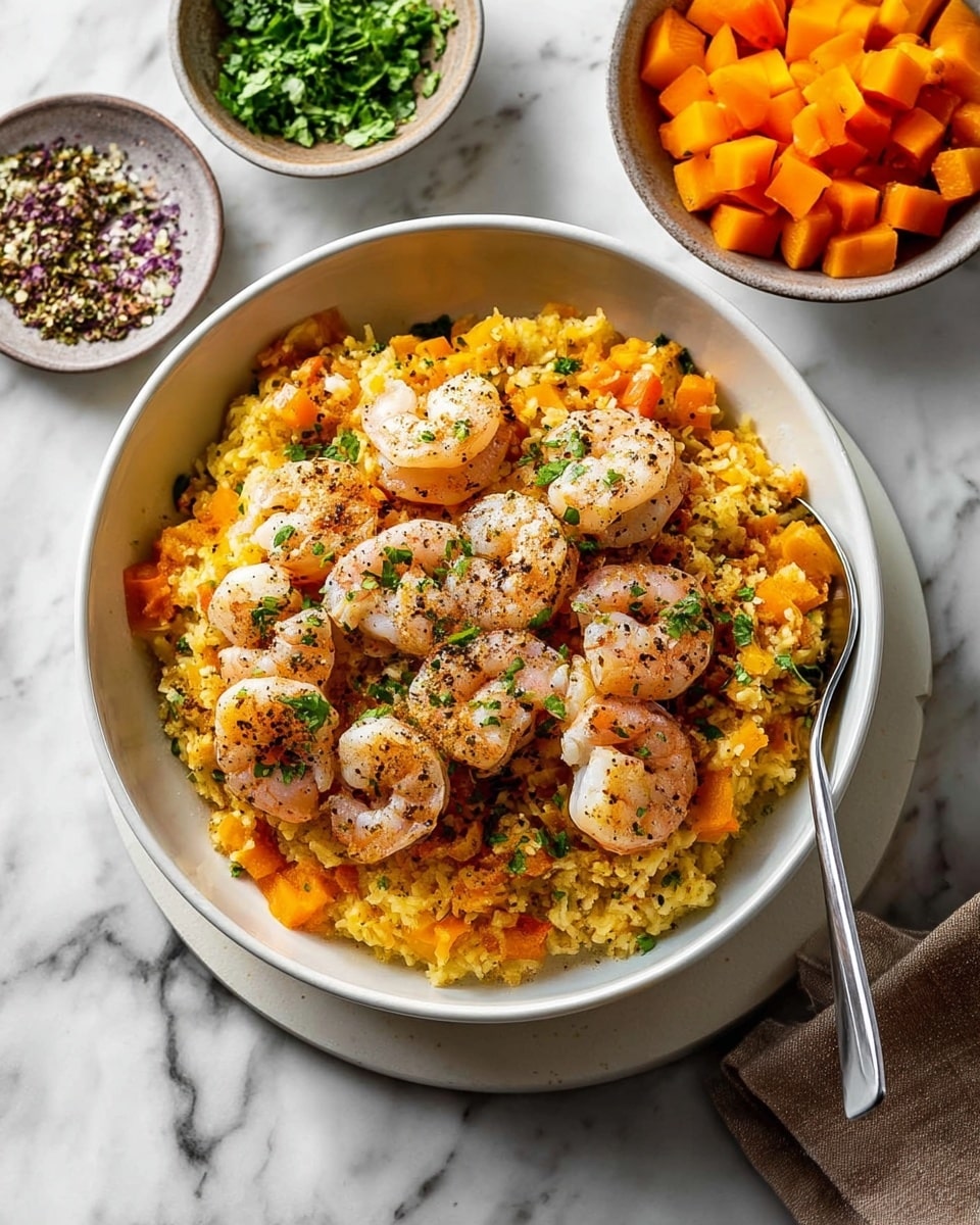 A bowl filled with a base layer of yellow-orange rice mixed with small chunks of orange vegetables, topped with a layer of plump, cooked shrimp that are light pink with a slight char and sprinkled with finely chopped green herbs and black pepper. The bowl is white and has a metal spoon resting inside on the right side. Around the bowl, small bowls hold bright orange vegetable pieces and chopped green herbs, all set on a white marbled surface. Photo taken with an iphone --ar 4:5 --v 7