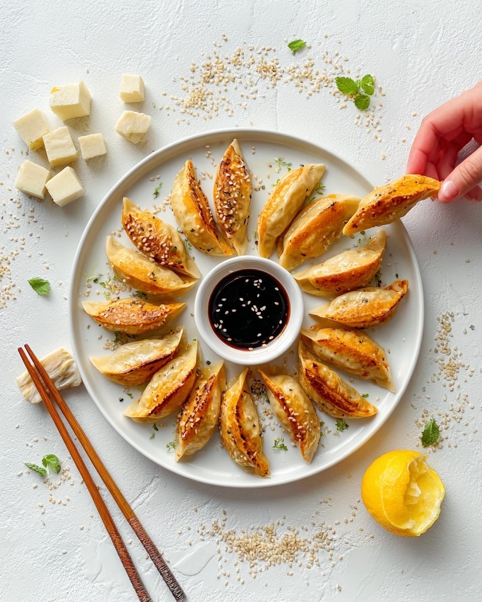 A white round plate holds a circle of golden-brown fried dumplings, each neatly pleated and arranged with the flat side down and the curved side facing outward. The dumplings have slightly crisped edges with a warm, toasted texture. At the center of the plate, there is a small white bowl filled with dark soy sauce, creating a strong contrast. Around the plate, there are scattered light tan sesame seeds and small pieces of green herbs. Next to the plate, a pair of brown wooden chopsticks rest on the white marble surface. A woman's hand, with soft skin, is gently picking up one of the dumplings. Small cubes of tofu and half a lemon with a bright yellow interior are placed nearby. The whole scene is set on a clean white marbled textured background with soft natural lighting. photo taken with an iphone --ar 4:5 --v 7