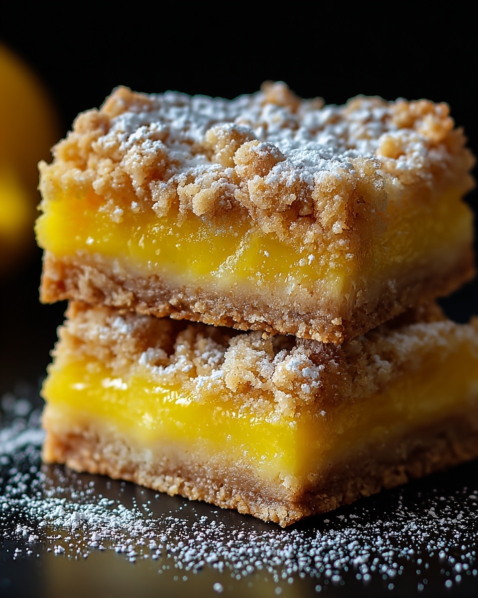 The image shows two stacked dessert bars with three visible layers each: a light brown, crumbly bottom crust layer, a thick middle layer of bright yellow lemon filling with a smooth, glossy texture, and a top layer of golden brown crumb topping dusted with white powdered sugar. The bars are placed on a black surface, and white powdered sugar is lightly scattered around them. The background is dark, making the yellow filling stand out brightly. photo taken with an iphone --ar 4:5 --v 7
