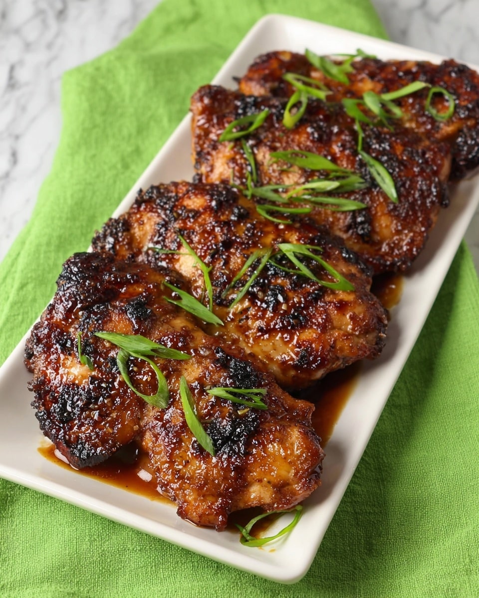 The image shows a white rectangular plate with five pieces of grilled chicken, arranged in a slightly overlapping row. Each piece has a shiny, caramelized dark golden brown color with some black char marks on the edges, showing a glazed texture that looks sticky and flavorful. The chicken pieces are garnished with thin slices of bright green onions scattered on top. The plate rests on a bright green cloth, with a white marbled texture surface underneath. The overall look is rich and appetizing. photo taken with an iphone --ar 4:5 --v 7