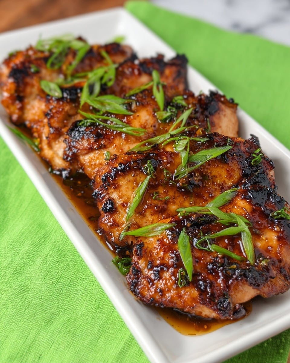 A white rectangular plate holds five pieces of glazed grilled chicken arranged in a neat row. Each piece is rich golden-brown with dark caramelized char marks, giving a glistening look from the thick sauce coating. The chicken is topped with thin slices of bright green scallions scattered evenly across the pieces. The plate rests on a bright green cloth on top of a white marbled surface. Photo taken with an iphone --ar 4:5 --v 7