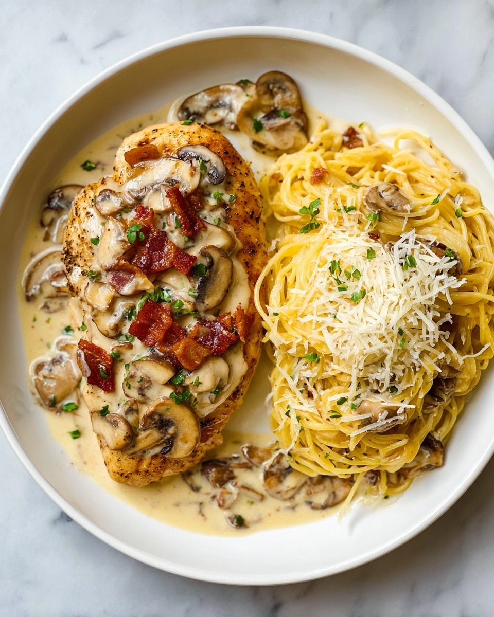 A white plate holds a meal with two main parts: on the left is a browned chicken breast covered in a creamy sauce with sliced mushrooms and small pieces of bacon scattered on top, garnished with small green herb pieces; on the right is a serving of yellow spaghetti noodles topped with shredded white cheese and a few green herb bits, some sauce and mushrooms are mixed lightly among the noodles, all set on a white marbled surface. photo taken with an iphone --ar 4:5 --v 7