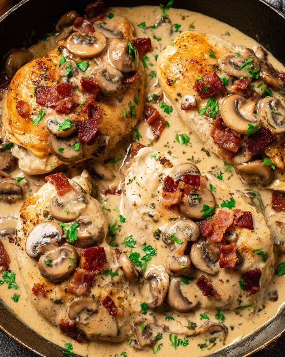 The image shows four browned chicken breasts covered in creamy beige sauce with sliced light brown mushrooms scattered on top and around the chicken. Small, crispy, dark reddish-brown bacon pieces are spread evenly over the chicken and sauce. Fresh green parsley leaves are sprinkled on top, adding a pop of color. The chicken pieces sit closely together in a shallow pan with a dark interior. The sauce looks rich and smooth, partially pooling around the chicken. photo taken with an iphone --ar 4:5 --v 7