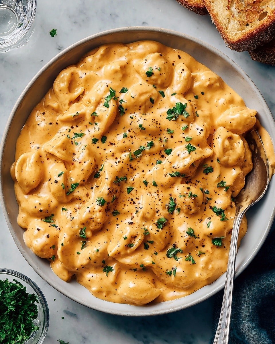 A close-up top view shows a bowl filled with creamy macaroni and cheese. The pasta is coated in a thick, smooth, light orange-yellow cheese sauce with a slightly glossy texture. Small flecks of black pepper are sprinkled on top, along with chopped green parsley, providing color contrast. The bowl is white, round, and deep, with a silver spoon resting on the right side, partially submerged in the macaroni. The bowl sits on a white marbled textured surface, with a small glass bowl of more chopped green herbs and a piece of golden toasted bread nearby. Photo taken with an iphone --ar 4:5 --v 7