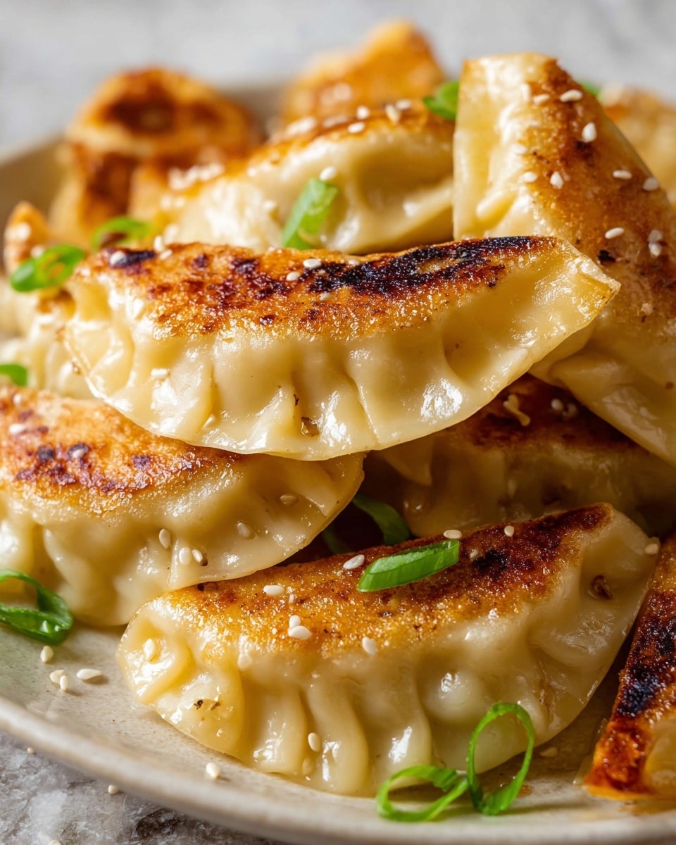 A close-up image of a stack of pan-fried dumplings on a white plate, showing layers of golden brown crispy bottoms with a slightly charred texture, topped with smooth, pale yellow dough folds, and sprinkled with small white sesame seeds and thin slices of green onion scattered across. The dumplings have a plump, curved shape with some edges showing a pleated pattern. The background is a soft white marbled texture. Photo taken with an iphone --ar 4:5 --v 7