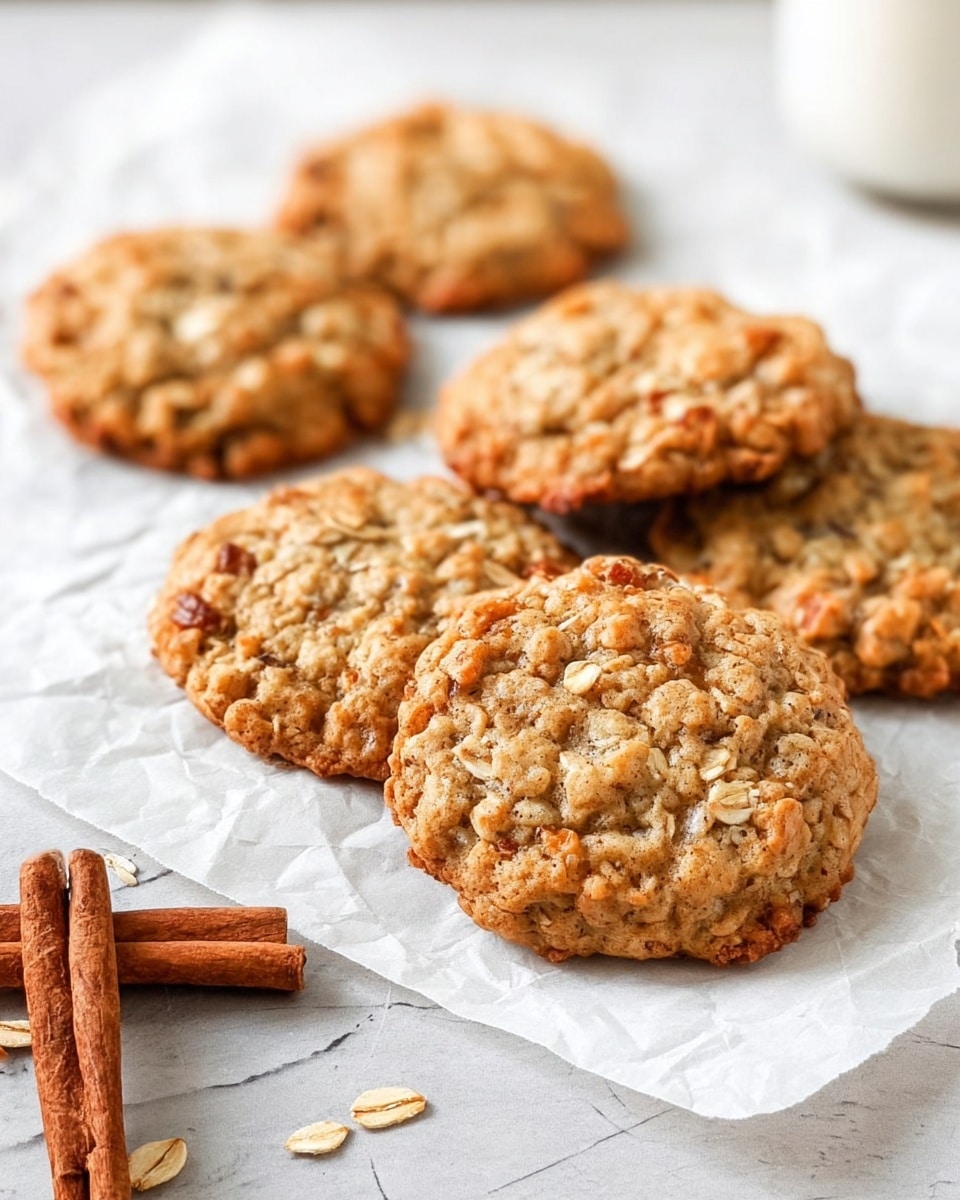 A group of six oatmeal cookies with visible oat flakes and small pieces of nuts are placed on crumpled white parchment paper, which rests on a white marbled surface. The cookies have a golden-brown color and a rough, textured appearance, showing their chewy and slightly crumbly nature. Two cinnamon sticks lie nearby on the bottom left corner, adding to the warm visual tone. The cookies are arranged casually, with two in sharp focus at the front and the others slightly blurred in the background. Photo taken with an iphone --ar 4:5 --v 7