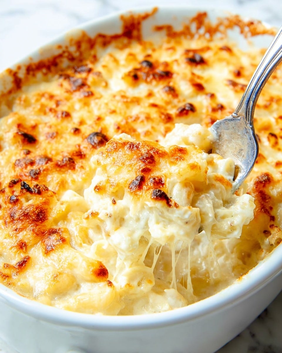 The image shows a white deep dish filled with a creamy macaroni and cheese bake. The top layer is golden brown with melted, slightly crispy cheese, showing bubbling texture and small browned spots. Underneath, the macaroni noodles are coated in a thick, creamy white cheese sauce. A silver fork is digging into the dish from the right side, pulling up some of the cheesy pasta, and the dish sits on a white marbled surface. Photo taken with an iphone --ar 4:5 --v 7