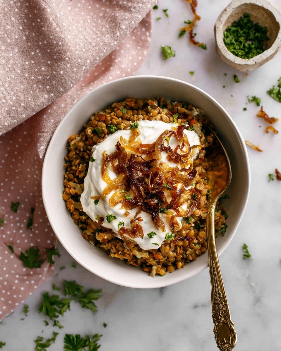 A white bowl filled with a base layer of cooked lentils mixed with grains, showing a brown and green color with a slightly coarse texture. On top, there is a thick layer of creamy white yogurt spread unevenly. The top layer is made up of caramelized onions, golden brown with darker edges, scattered over the yogurt. A gold spoon with an ornate handle is partially dipped into the layers, resting on the side of the bowl. The bowl sits on a white marbled surface with a soft pink cloth with white polka dots in the corner, and fresh parsley sprinkled around. Photo taken with an iphone --ar 4:5 --v 7