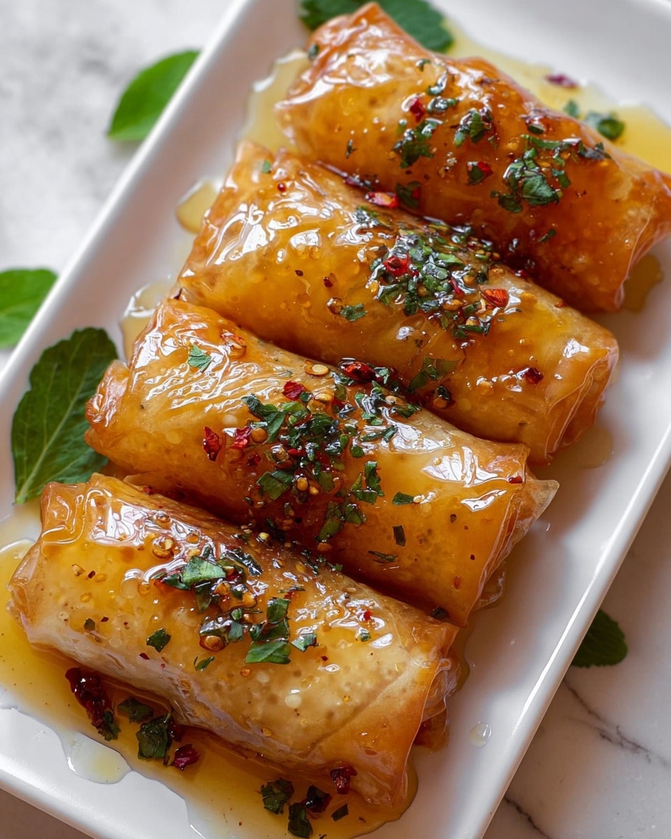The image shows four golden brown crispy rolls placed side by side on a white rectangular plate. Each roll has a shiny, slightly translucent wrappers with a rich glaze of honey or syrup dripping over them, creating a glossy effect. The rolls are sprinkled with finely chopped green herbs and small red chili flakes, adding color contrast and texture. The surface beneath the plate is a white marbled texture that softly reflects light. A few loose green leaves are scattered around the plate, enhancing the fresh look. The photo taken with an iphone --ar 4:5 --v 7