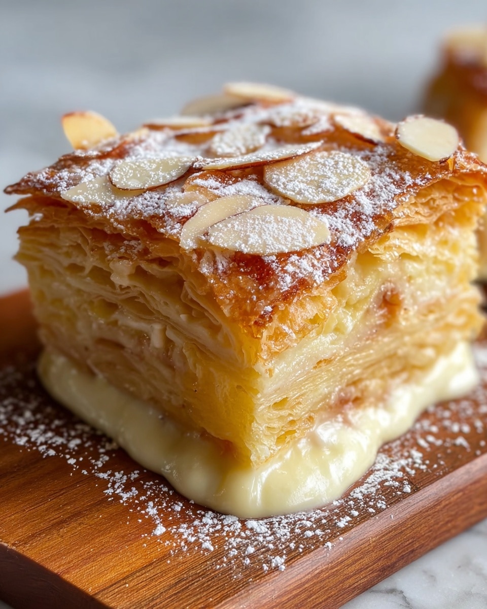 A close-up image of a square piece of layered pastry with cream oozing out slightly at the bottom edge. The pastry has many thin, pale golden layers stacked inside, showing a soft and moist texture. The top is golden brown with scattered thin almond slices and a light dusting of white powdered sugar. The pastry is placed on a wooden board with a white marbled textured background visible. Photo taken with an iphone --ar 4:5 --v 7