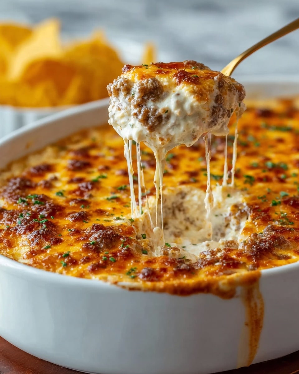 A white bowl filled with a baked cheesy dip is shown, featuring three main layers: a top layer of melted, browned cheddar cheese with small green herb sprinkles, a middle creamy white cheese layer with visible browned cooked ground meat, and a bottom base also creamy and thick. A spoon lifts a scoop of the dip, stretching melted cheese strings between the bowl and the spoon, revealing the soft and gooey texture of the mix. The bowl sits on a white marbled surface, and in the background, there is a blurred hint of yellow chips. Photo taken with an iphone --ar 4:5 --v 7