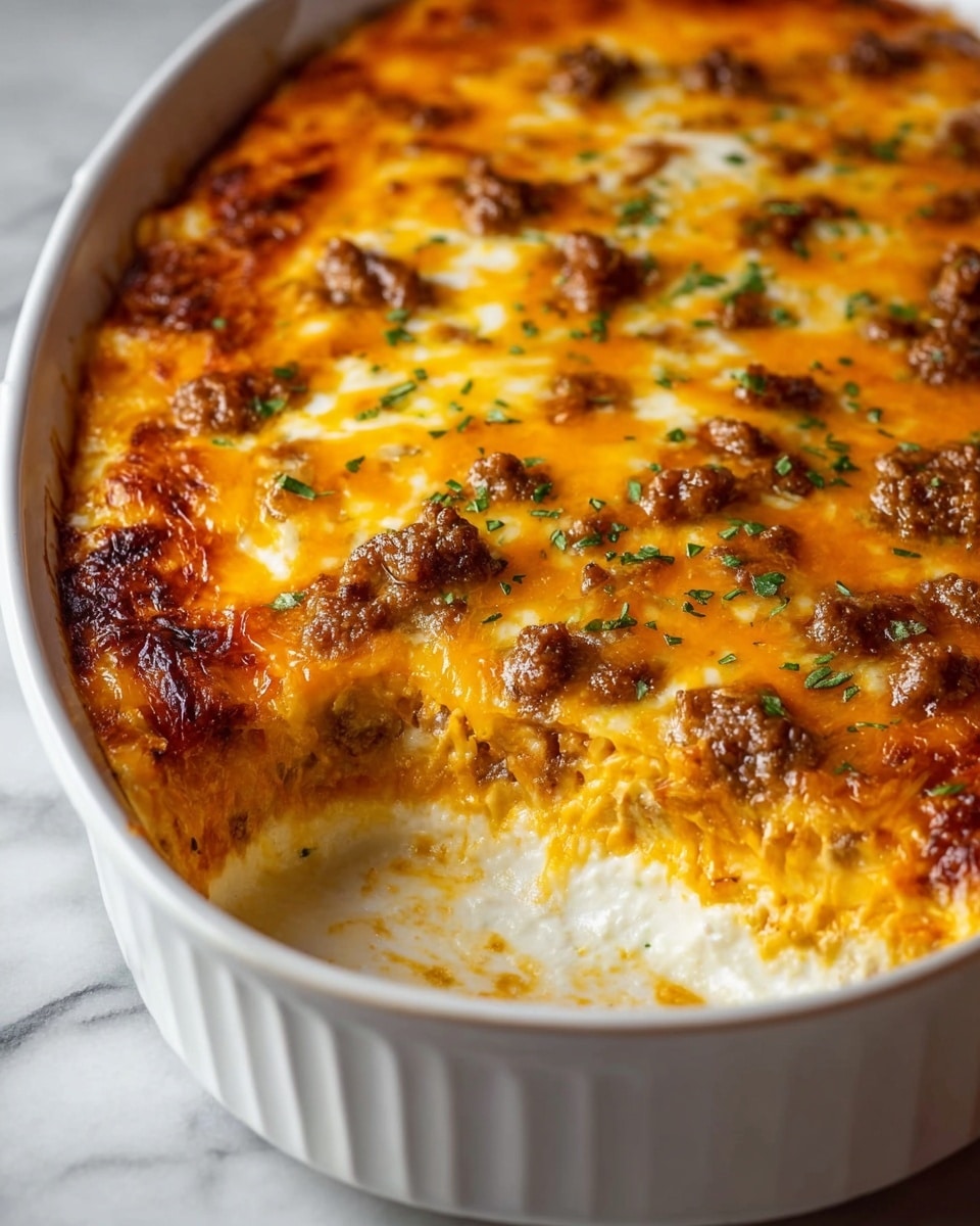 A close-up of a baked dish in a white oval casserole, showing multiple layers with the top layer covered in browned, melted cheddar and mozzarella cheese mixed with small browned ground meat pieces scattered evenly. The cheese layer is golden orange with some white melted cheese patches and green herb sprinkles on top. One corner reveals a creamy white layer underneath the browned cheese, indicating a soft and smooth texture. The casserole is set on a white marbled surface. photo taken with an iphone --ar 4:5 --v 7
