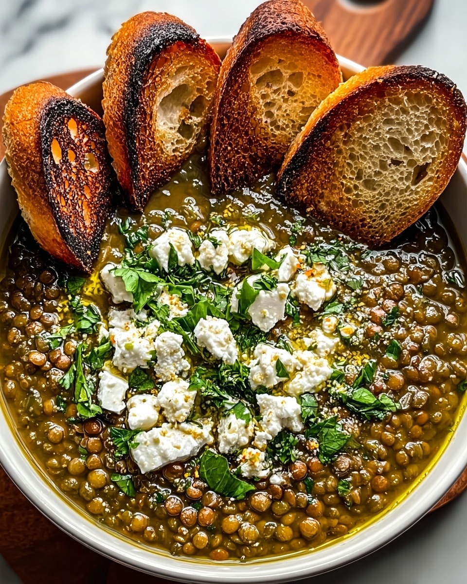 A bowl filled with thick green lentil soup, showing visible small brown lentils spread evenly through the soup. On top, there is a layer of white crumbled cheese, sprinkled with chopped fresh green herbs and a light drizzle of golden oil. Four large toasted bread slices with dark golden brown crusts are placed around the edge of the bowl, partly dipped into the soup. The bowl is white, and it sits on a white marbled surface. Photo taken with an iphone --ar 4:5 --v 7