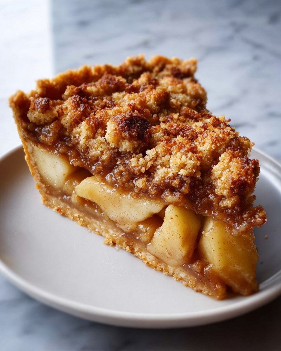A slice of pie with three visible layers sits on a white plate on a white marbled surface. The bottom layer is a thin, golden-brown crust with a crumbly texture. The middle layer contains soft, chunky apple pieces coated in a syrupy, light brown sauce. The top layer is a crumbly, golden-brown streusel with darker spots from cinnamon or spices. The pie looks moist and fresh with a slightly glossy finish. Photo taken with an iphone --ar 4:5 --v 7