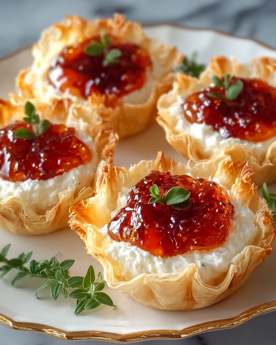 Four small tartlets sit on a white plate with a decorative gold edge, placed on a white marbled surface. Each tartlet has three layers: a light golden, flaky pastry shell forming the base and walls with delicate, crinkled edges; a middle layer of smooth, white creamy cheese filling; and a top layer of glossy, amber-red jelly or jam with a rich, jelly-like texture. Small green herb leaves decorate the very top of the jelly, adding a touch of freshness. Sprigs of green herbs surround the tartlets on the plate photo taken with an iphone --ar 4:5 --v 7