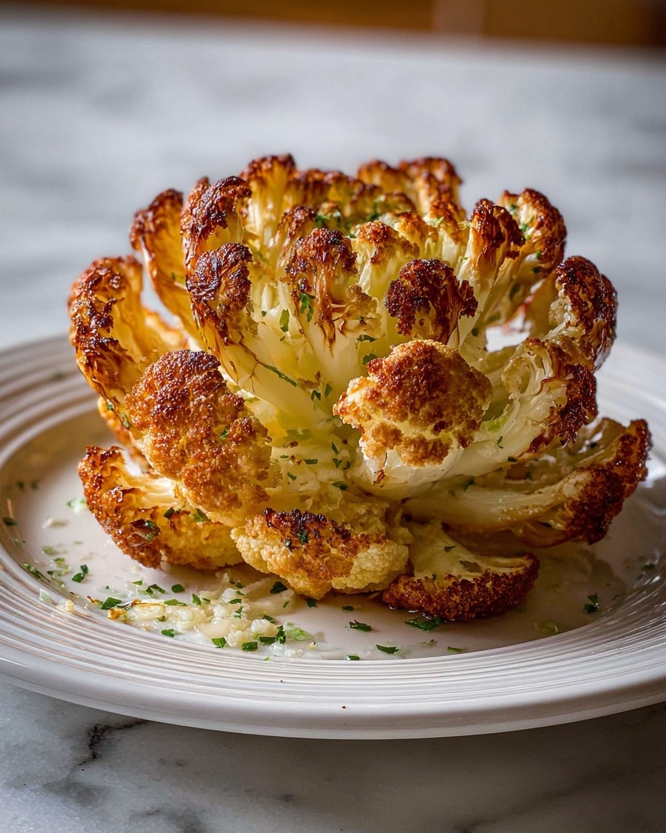 The image shows a single roasted cauliflower flower styled like a blooming lotus on a white round plate with ridged edges. The flower has many layers of cauliflower petals that are golden brown and crispy on the edges with some darker roasted spots. The inner petals are lighter, almost cream-colored with a moist texture. Small green herb bits are scattered lightly around the base of the cauliflower on the plate. The plate sits on a white marbled surface. Soft natural light highlights the texture and color contrast of the cauliflower. photo taken with an iphone --ar 4:5 --v 7